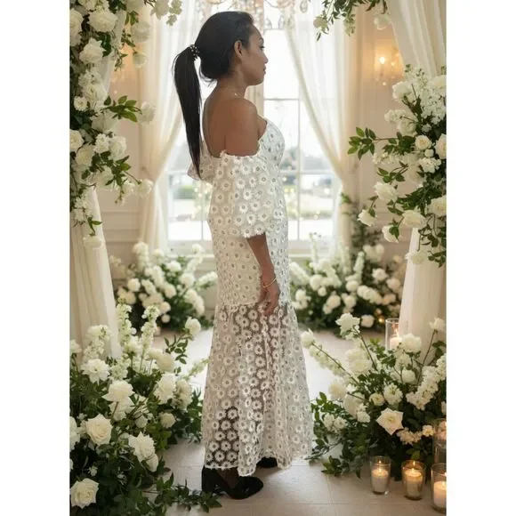 ASOS EDITION Ivory Embroidered Daisy Midi Dress UK 8 / US 4 – NWT Puff Sleeve - Picture 3 of 13